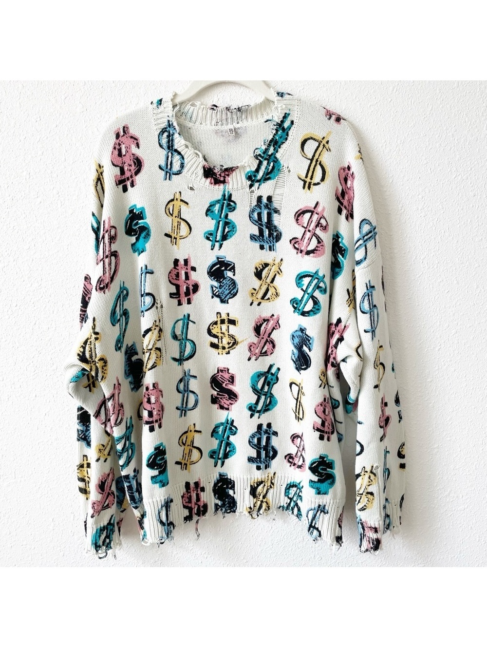 R13 Dollar Sign Oversized Sweater Size Large Distressed Colorful Cotton